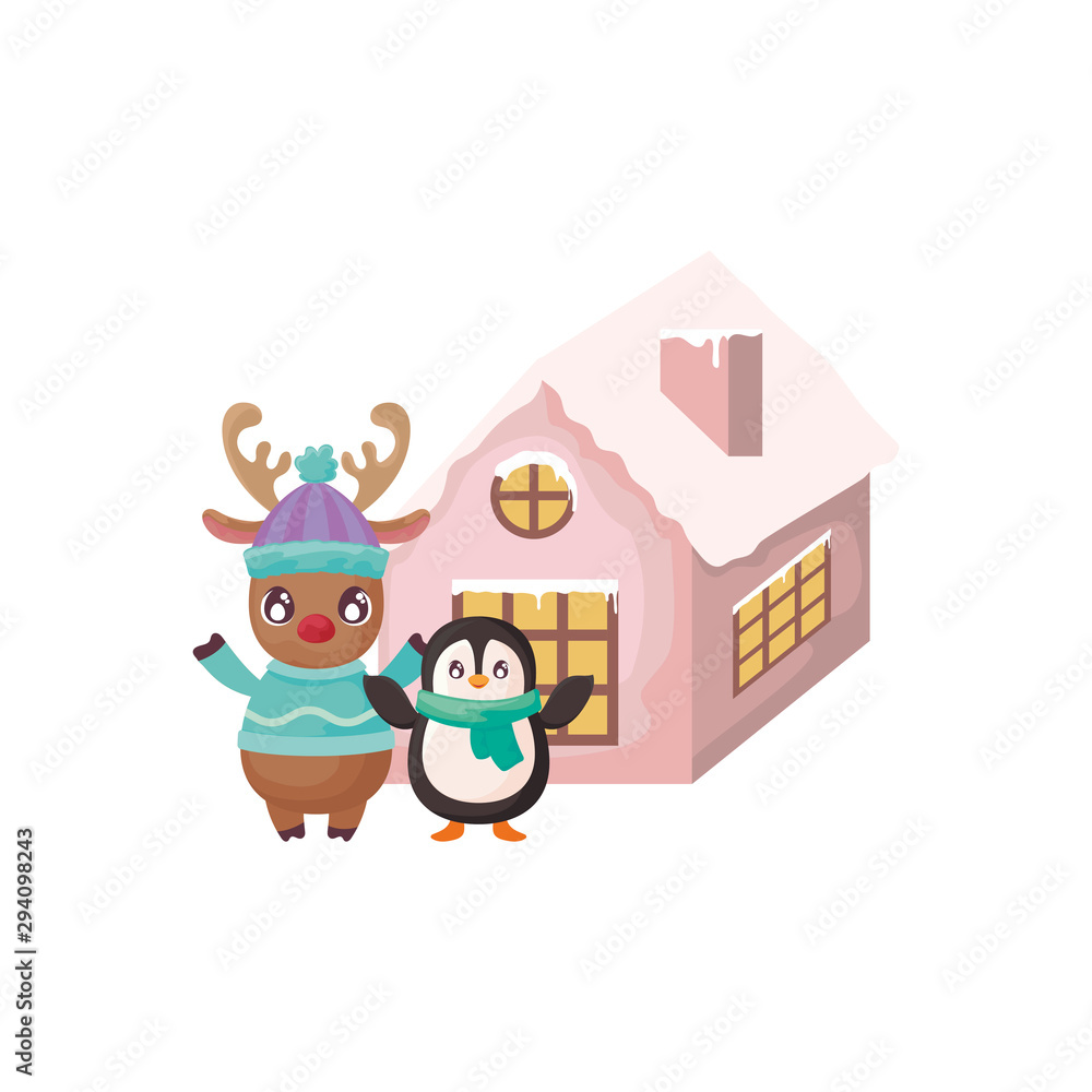 penguin and reindeer with family house of background penguin and reindeer with family house of background