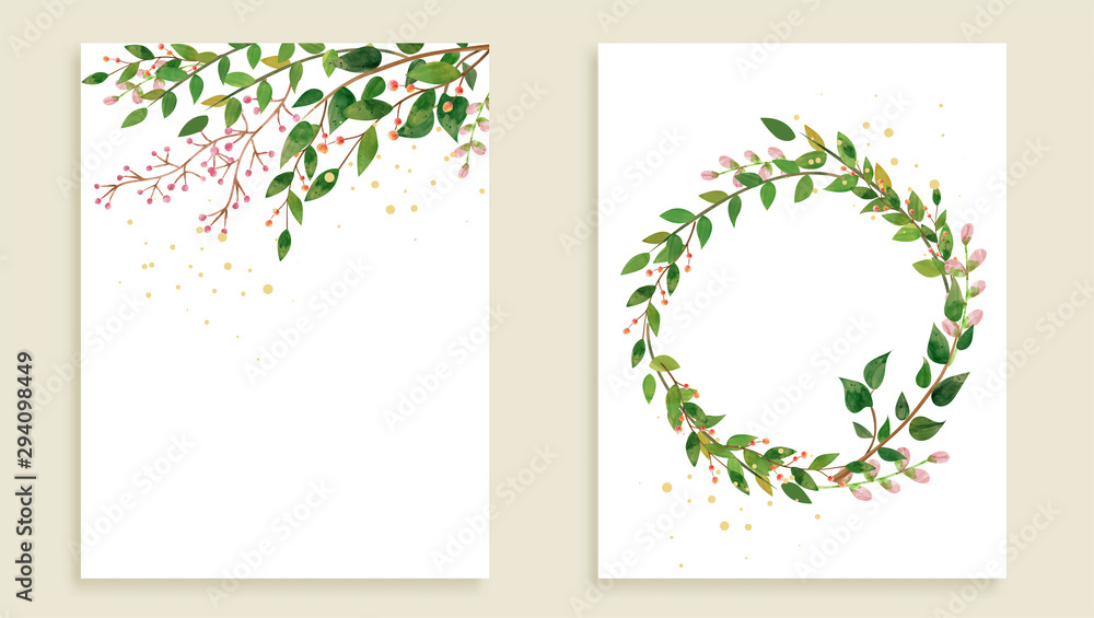 Beautiful set of wedding card templates. Decorated with wild leave.