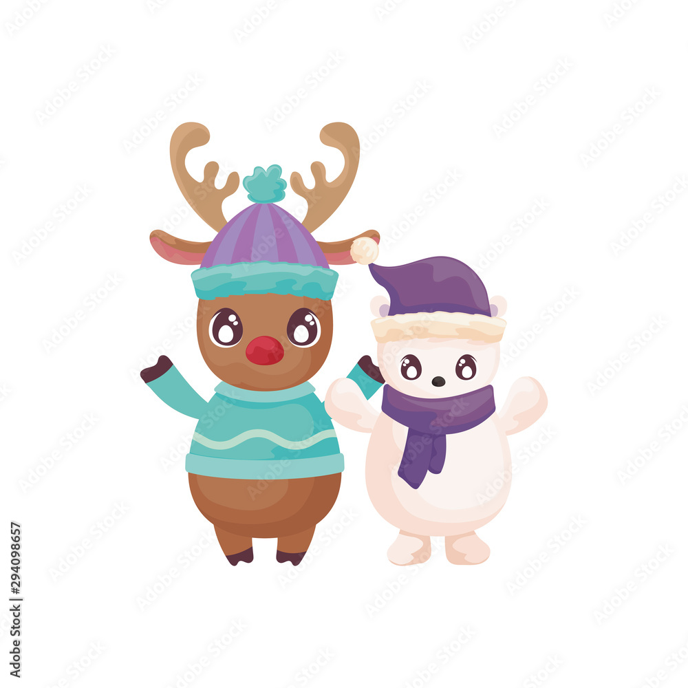 cute reindeer and polar bear on white background