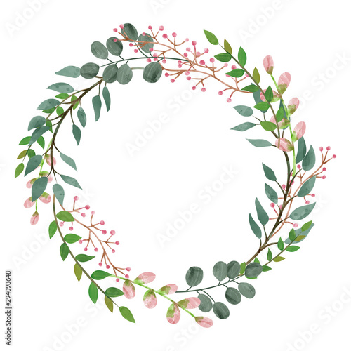Watercolor leaves wreath. Aim using for invitation card, wedding, Christmas, birthday, graphic design. Space for text.
