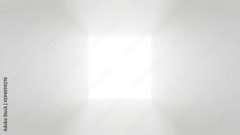 Move camera angle into the center white light square in empty gray 3D walkway room.