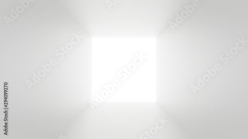 Move camera angle into the center white light square in empty gray 3D walkway room.