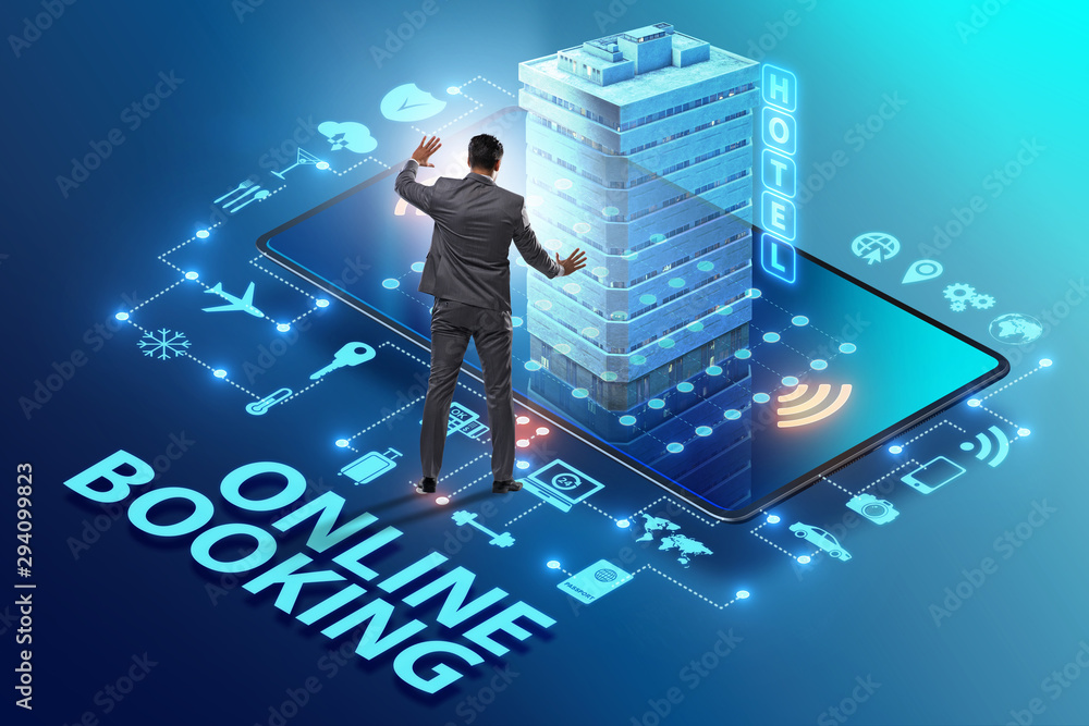 Concept of online hotel booking with businessman Concept of online hotel booking with businessman