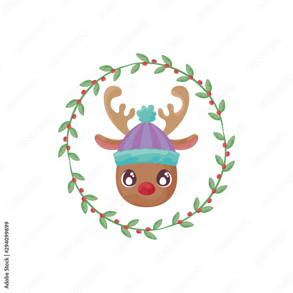head of reindeer with hat on white background