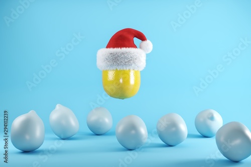 Lemons with Santa Hat floating on blue background , Christmas Fruit concept ideas, 3D illustration. photo