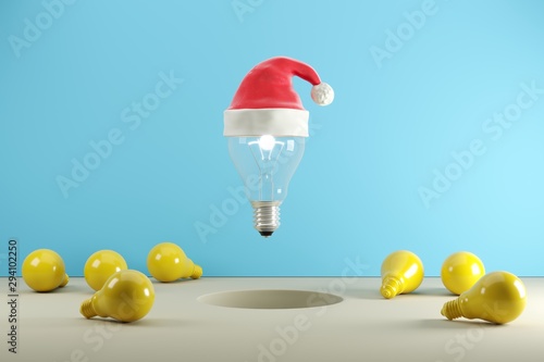 Light bulb with Santa Hat floating on blue background , Christmas  concept ideas, 3D illustration. photo