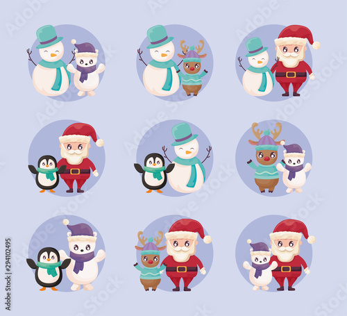 bundle of merry christmas with set icons