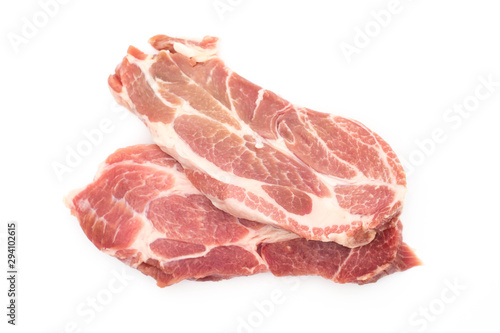 resh raw pork neck meat garlic pepper and rosemary isolated on white