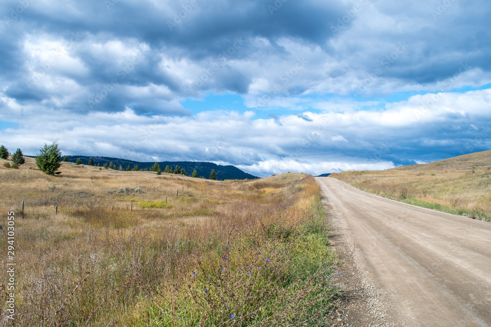 Winding dirt road in the rural British Columbia near Kamloops. dry grassland, bush and shrub, occasional conifers trees, hills, desert like landscape. Road less traveled