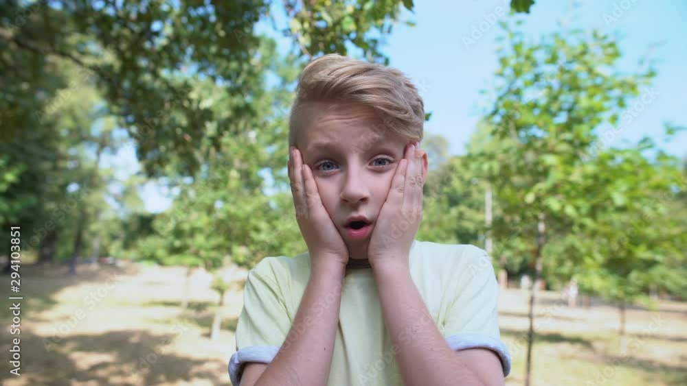 Surprised caucasian boy feeling shocked standing in park, emotions concept Surprised caucasian boy feeling shocked standing in park, emotions concept