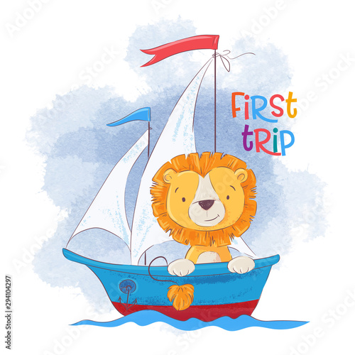 Cute cartoon lion on a sailing ship. Vector illustration