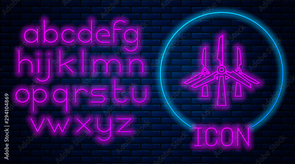 Glowing neon Wind turbines icon isolated on brick wall background. Wind  generator sign. Windmill silhouette. Windmills for electric power  production. Neon light alphabet. Vector Illustration vector de Stock |  Adobe Stock