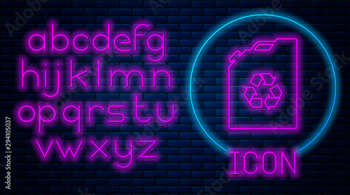 Glowing neon Eco fuel canister icon isolated on brick wall background. Eco bio and barrel. Green environment and recycle. Neon light alphabet. Vector Illustration