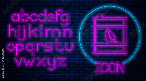 Glowing neon Bio fuel barrel line icon isolated on brick wall background. Eco bio and canister. Green environment and recycle. Neon light alphabet. Vector Illustration