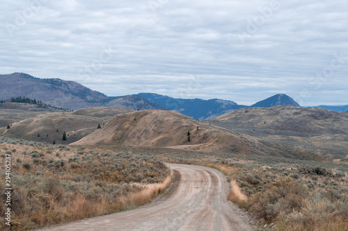 Dirt road in the valley of desert hills with shrub, dry trees, pine trees, mountain range in the background, rural countryside area, forested hills near Kamloops © Alisa