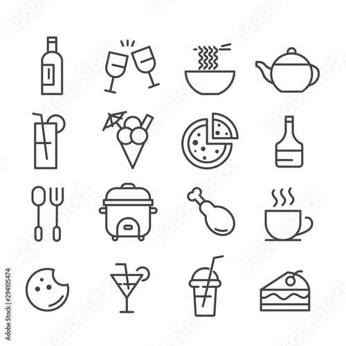 Simple set of food and drink minimal icon such as wine and cake for party isolated modern outline on white background
