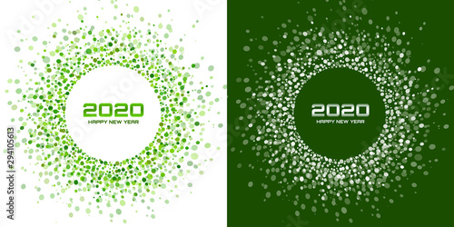 New Year 2020 night background party set. Greeting cards. Green glitter paper confetti. Glistening festive lights. Glowing circle frame happy new year wishes. Christmas green white backdrops. Vector