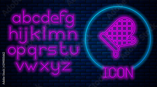 Glowing neon Oven glove icon isolated on brick wall background. Kitchen potholder sign. Cooking glove. Neon light alphabet. Vector Illustration