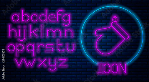Glowing neon Oven glove icon isolated on brick wall background. Kitchen potholder sign. Cooking glove. Neon light alphabet. Vector Illustration
