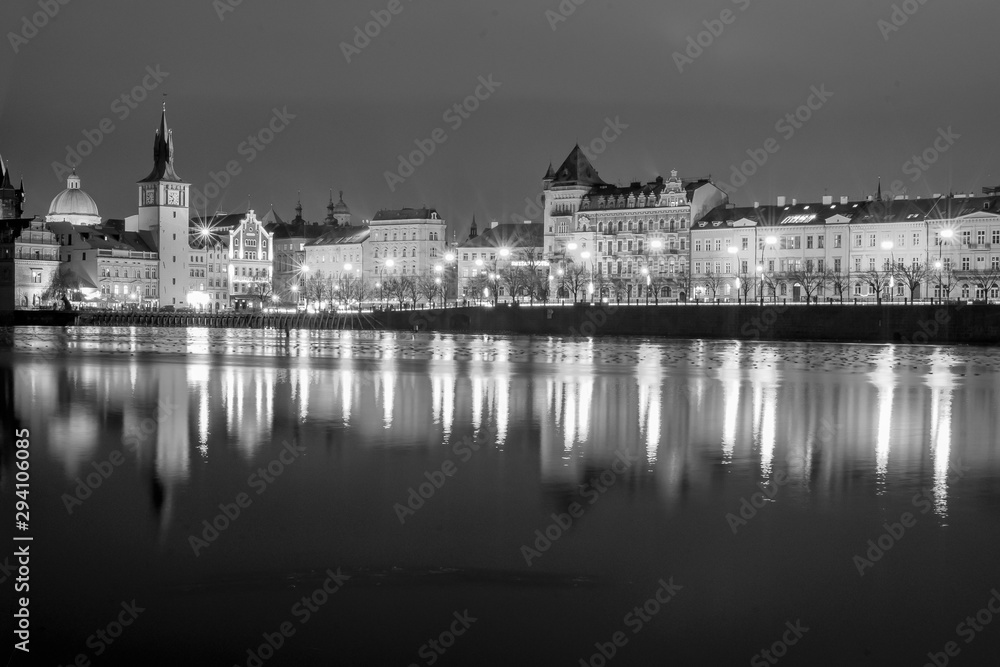 prague city night scene czech in black and white