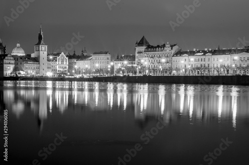 prague city night scene czech in black and white