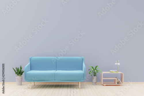 Interior design ,modern sofa and wood cabinet and green plant on concrete wall with parquet wood flooring , 3d render - Illustration