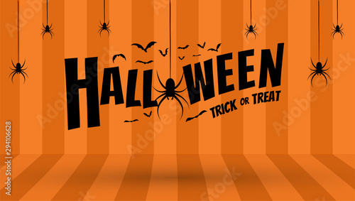 Happy Halloween text banner with spiders on stripe room, Vector