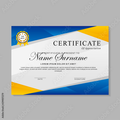 Modern certificate template design with blue, yellow and white color, suitable for business certificate or sport certificate