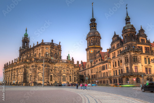 Cathedral of the Holy Trinity and Dresden Castle in Saxony at night, Germany
