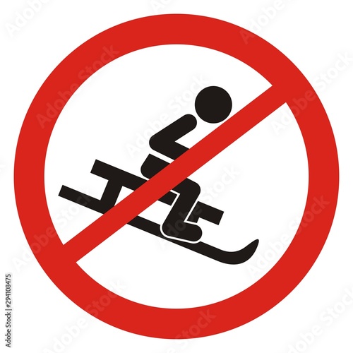 Sledding ban, black silhouette of sled with person at red circle frame, vector icon. Road sign on white background.	