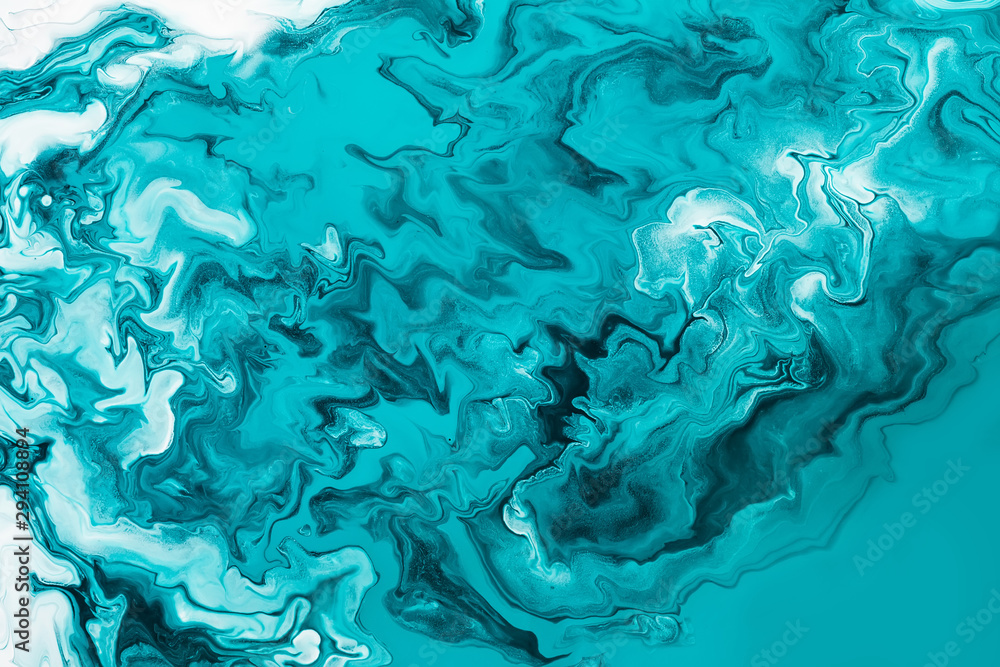Free flowing blue acrylic paint. Random Waves and Curls. Abstract marble background or texture