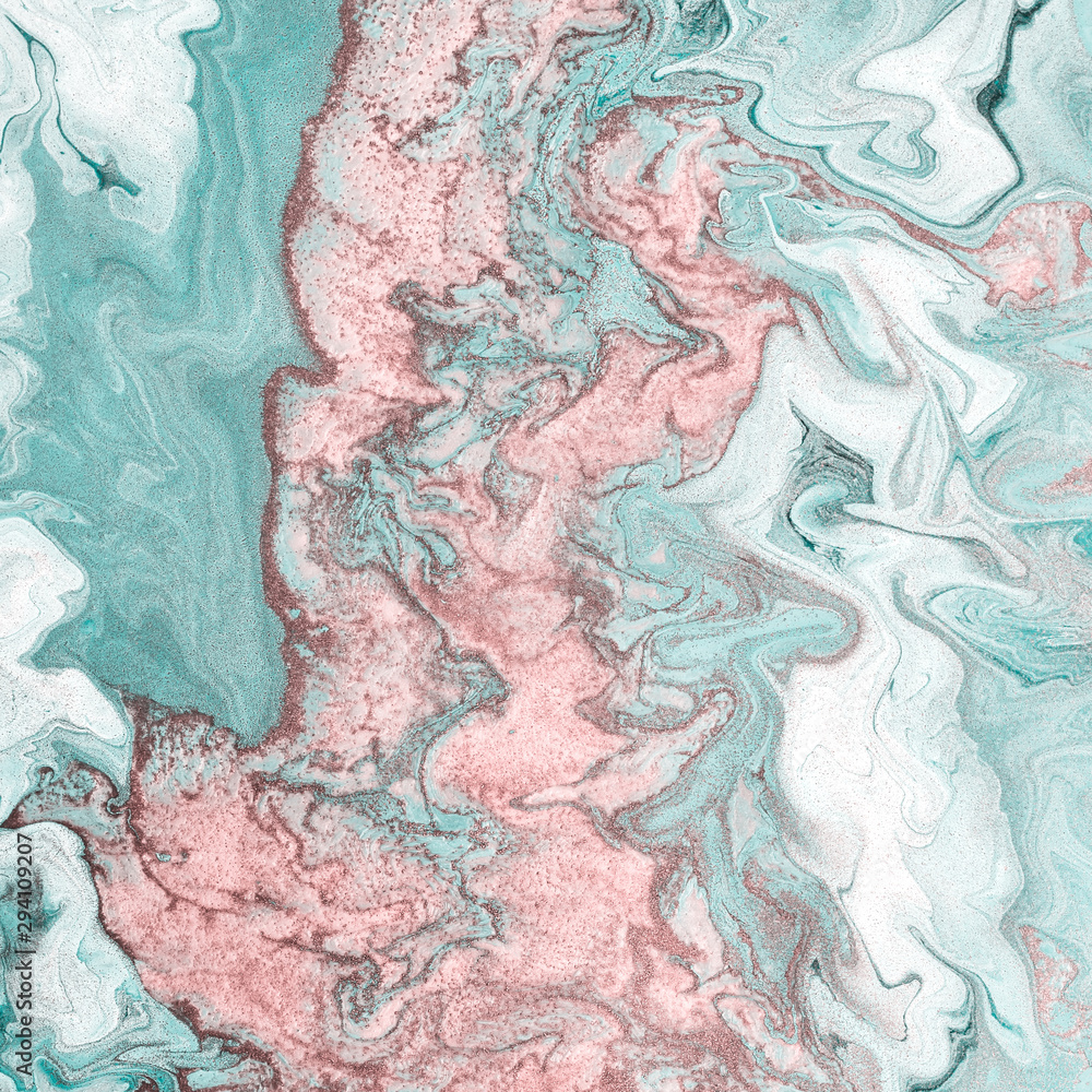 Fototapeta premium Abstract pink waves with golden inclusions. Free flowing paint. Acrylic fluid art