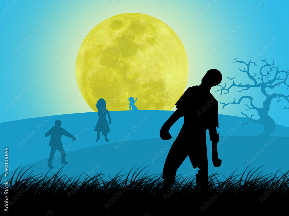 The halloween day.Many zombies walk from the graveyard under the moonlight on Halloween night The halloween day.Many zombies walk from the graveyard under the moonlight on Halloween night