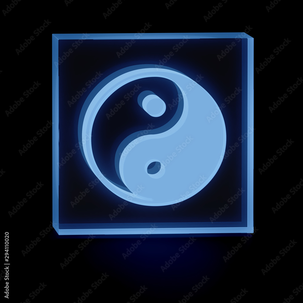 Clear transparent glass or plexiglass display with luminous Taijitu Yin-Yang symbol inside on dark background, 3D rendered image Clear transparent glass or plexiglass display with luminous Taijitu Yin-Yang symbol inside on dark background, 3D rendered image
