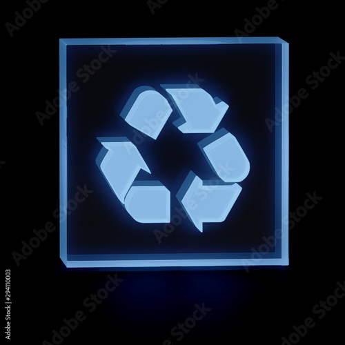 Clear transparent glass or plexiglass display with luminous recycle symbol inside on dark background for interior decoration, 3D rendered image