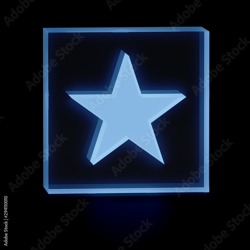 Clear transparent glass or plexiglass display with luminous five-pointed star symbol inside on dark background, 3D rendered image