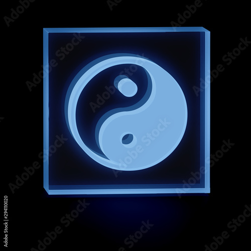 Clear transparent glass or plexiglass display with luminous Taijitu Yin-Yang symbol inside on dark background, 3D rendered image