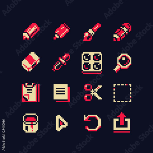 Toolbar elements, tools pixel art icon set, pencil, brush, palette, magnifier, scissors, fill, eraser pixel art icon set isolated vector illustration. Design for stickers, web, logo shop, mobile app.
