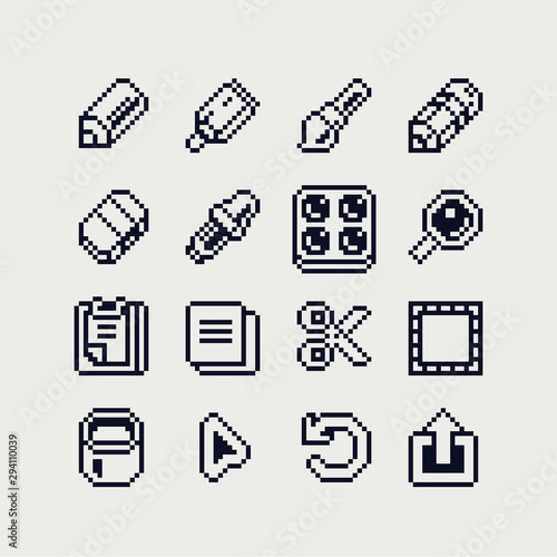 Toolbar elements, tools pixel art icon set, pencil, brush, palette, magnifier, scissors, fill, eraser isolated vector illustration. 1-bit sprite. Design for stickers, stamp, web, logo shop, mobile app