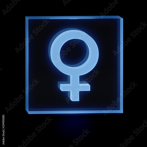 Clear transparent glass or plexiglass display with luminous gender female Venus symbol inside on dark background, 3D rendered image