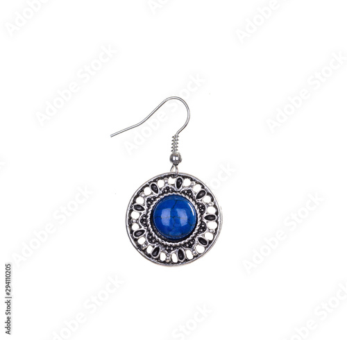 blue stone on silver ornamented earring pendant, isolated on white background