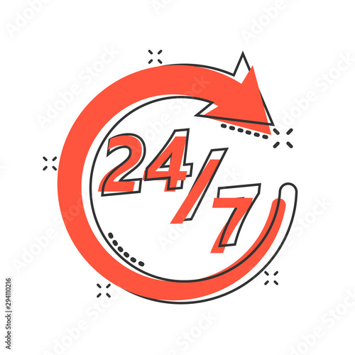 Vector cartoon twenty four hour clock icon in comic style. 24/7 service time concept illustration pictogram. Around the clock business splash effect concept.
