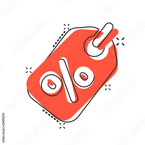 Vector cartoon discount percent tag icon in comic style. Price sale concept illustration pictogram. Promotion coupon business splash effect concept.