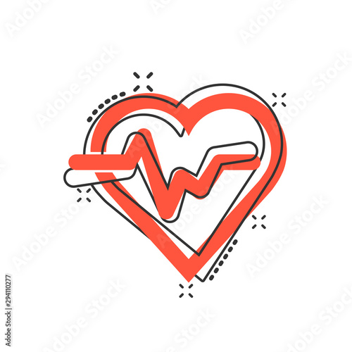 Vector cartoon heartbeat line with heart icon in comic style. Heartbeat concept illustration pictogram. Heart rhythm business splash effect concept.