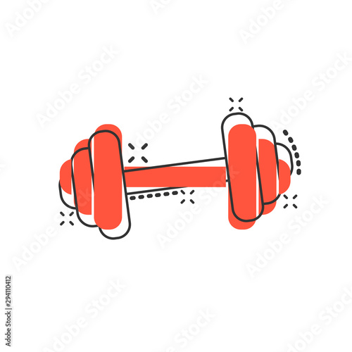 Vector cartoon dumbbell fitness gym icon in comic style. Barbell concept illustration pictogram. Bodybuilding sport business splash effect concept.
