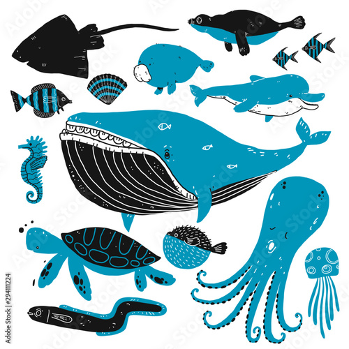 Set of deep sea creatures sketches. Hand drawn vector illustration. Outline with transparent background