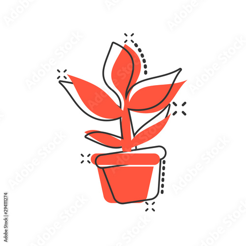 Vector cartoon flower pot icon in comic style. Seedling flower concept illustration pictogram. Floral leaf business splash effect concept.