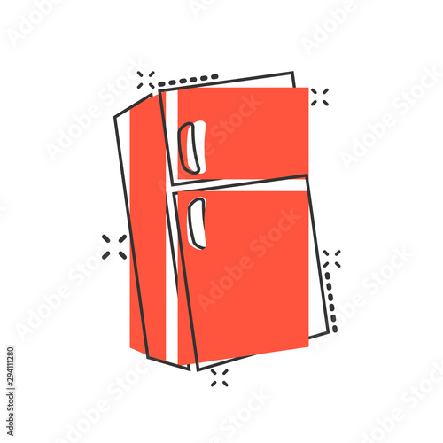 Fridge refrigerator icon in comic style. Freezer container vector cartoon illustration pictogram. Fridge business concept splash effect.