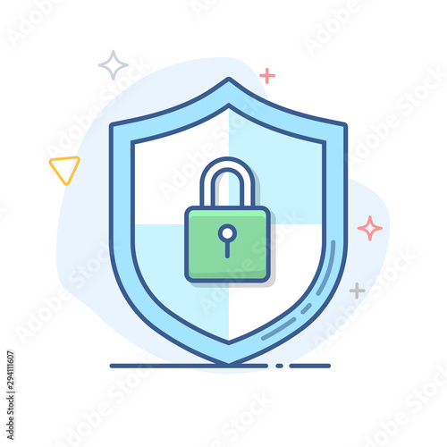 Vector shield with safe padlock line icon.