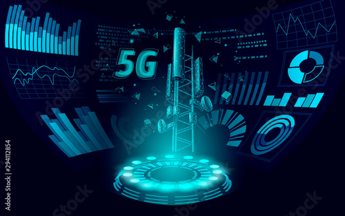 3d base station receiver. telecommunication tower 5g polygonal HUD display global connection information transmitter. Mobile radio antenna cellular vector illustration